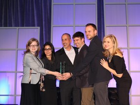 The Minto Team accepts the Ontario Green Builder of the Year award at EnerQuality's Feb. 19 event. Pictured from left: Alison Minato, Roya Khaleeli, Vince Molinaro (OHBA president), Wells Baker, Derek Hickson and Jennifer Valentyne (host and Breakfast TV personality).