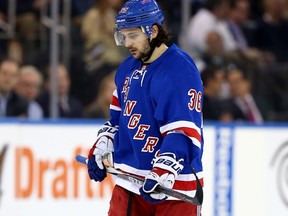 Mats Zuccarello #36 of the New York Rangers skates after the game against the Vancouver Canucks on February 19, 2015 at Madison Square Garden in New York City. Elsa/Getty Images/AFP)