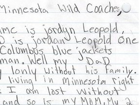 Jordyn Leopold's endearing letter to the Minnesota Wild coaching staff. (Screenshot, KFAN1003)