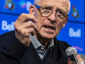 Ottawa Senators General Manager Bryan Murray responds to questions from the media after the NHL trade deadline on Monday March 2, 2015. (Errol McGihon/Ottawa Sun/QMI Agency)