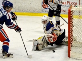 Flyers' forward Alex Mihalcheon was able to put this puck in the net during Stony Plain's Game 4 loss to St. Albert in the Junior B playoffs on Feb. 27. The Flyers were able to recover on Sunday night to win the series after a 2-1 win on the road in the deciding game.