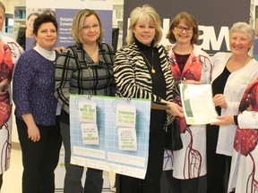 Supplied photo
Koop Alkema (left) manager, Preventive Oncology and Screening, Northeast Cancer Centre of Health Sciences North; Laurie Pennell, director, Pharmacy Operations Ontario, Loblaw Companies Limited; Natalie Aubin, administrative director, Northeast Cancer Centre; Joscelyne Landry-Altmann, Deputy Mayor, City of Greater Sudbury; Dr. Amanda Hey, Regional Primary Care Lead, Northeast Cancer Centre; Lynn Halliday, pharmacist, Winkel’s Your Independent Grocer, Espanola; and Judy Field, colorectal cancer survivor kick off the Let’s Wipe Out Colon Cancer campaign on Monday.