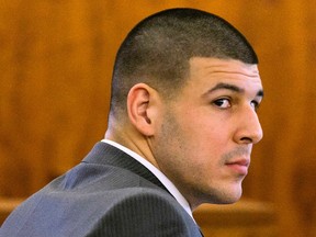 Former NFL player Aaron Hernandez looks at the prosecutor during his murder trial at the Bristol County Superior Court in Fall River, Mass., on Tuesday, March 3, 2015. (Dominick Reuter/Reuters)