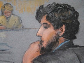 A courtroom sketch shows Boston Marathon bombing suspect Dzhokhar Tsarnaev during the jury selection process in his trial at the federal courthouse in Boston, Jan. 15, 2015. (JANE FLAVELL COLLINS/Reuters)