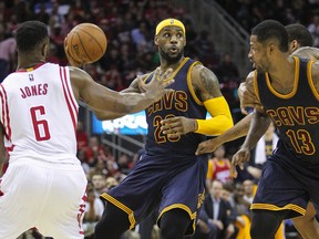 Cleveland Cavaliers forward LeBron James (23) passes the ball during the fourth quarter against the Houston Rockets at Toyota Center. (Troy Taormina-USA TODAY Sports)