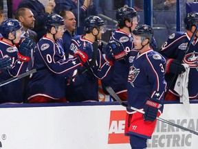 Former Columbus Blue Jackets defenceman Jordan Leopold (3) celebrates a goal against the Winnipeg Jets  during the first period at Nationwide Arena. Mandatory Credit: Russell LaBounty-USA TODAY Sports