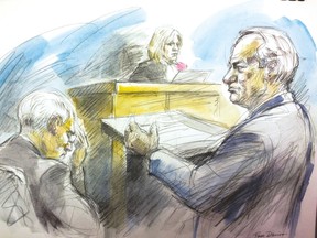 Benjamin Levin (sitting),  defence lawyer Clayton Ruby and Justice Heather McArthur (SKETCH BY PAM DAVIES)