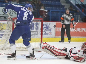Sudbury Wolves Charley Graaskamp waits to direct the puck to the net as  Niagara IceDogs goalie Brandon Hope looks on helplessly  in Sudbury, Ont. on Tuesday March 3, 2015.