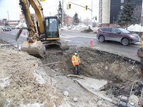 Crews  were on the scene of a watermain break on Paris Street on Sunday March 1, 2015  in Sudbury, Ont.. The curb lane on Paris St. near Plaza 69  was expected to be closed until Monday morning.  Gino Donato/Sudbury Star/QMI Agency