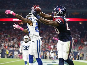 Houston Texans receiver Andre Johnson (80) catches a touchdown pass against Indianapolis Colts cornerback Greg Toler at NRG Stadium. (Matthew Emmons/USA TODAY Sports)