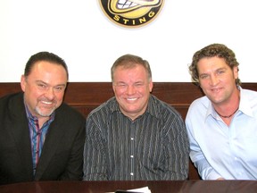 From left, Larry Ciccarelli and Rob Ciccarelli have officially sold the Sarnia Sting to former NHL defenceman Derian Hatcher, right, and current Ottawa Senators forward David Legwand. The Ontario Hockey League board of governors approved the sale last week and the process on Hatcher and Legwand's end wrapped up on Tuesday.  (TERRY BRIDGE/THE OBSERVER)