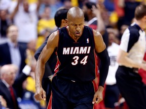 Ray Allen #34 of the Miami Heat reacts after making a three pointer against the Indiana Pacers during Game Five of the Eastern Conference Finals of the 2014 NBA Playoffs at Bankers Life Fieldhouse on May 28, 2014 in Indianapolis, Indiana. (Andy Lyons/Getty Images/AFP)