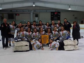 The College Notre Dame Alouettes girls team celebrates their NOSSA championship Tuesday.