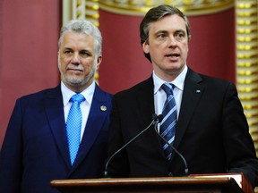 Quebec Premier Philippe Couillard and Marc Tanguay, MP for the riding of Lafontaine on April 17, 2014 in Quebec City.
JEAN-FRANCOIS DESGAGNES/QMI AGENCY