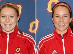 Kingston natives Jenny Wright, left, and Liz Boag of the Queen's women's basketball team have been named Ontario University Athletics all-stars. (Queen's University Athletcs)s