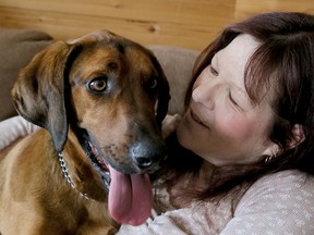 Deb DeBruyn cuddles with Hunter, a red tick coonhound, who was returned home Wednesday morning after months on the run. The nearly two-year-old dog took off in October after a loud noise startled it while it was out with DeBruyn's husband.Photo taken in Chatham, on., Wednesday March 4, 2015. (Diana Martin, QMI Agency)