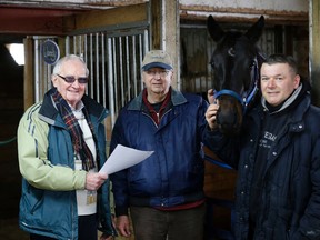 Horseman Bill Galvin (left) Woodbine chaplain (centre) Ken Carter and Woodbine announcer and trainer Ken Middleton with Lady Marina at Middleton's training facility in Guelph. (Michael Peake, Toronto Sun)