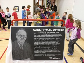 The Carl Pitman Centre is dedicated before more than 700 students, teaching staff, school board officials and community members at Stirling Public School in Stirling, Ont. Wednesday, March 4, 2015. - JEROME LESSARD/THE INTELLIGENCER/QMI AGENCY