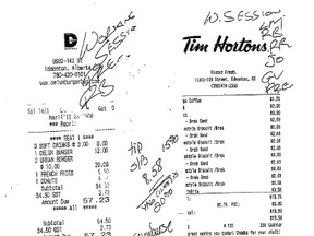 A copy of one of the receipts that shows a 20% tip that was released On Tuesday October 2, 2012. Alberta Premier Alison Redford released copies of all her travel, meal and hosting expenses from March 2008 to August 2012. The receipts and expense forms date from when she first became an MLA in March 2008, through her four years as justice minister and the past year as the premier of Alberta