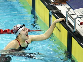 Submitted photo: Wallaceburg Tartan swimmer Chelsey Johnson reacts after looking up at the scoreboard and realizing she won silver in the junior girls' 50-metre backstroke at the OFSAA swimming championships held in Etobicoke last week.