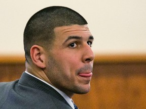 Former NFL player Aaron Hernandez licks his lips during his murder trial at the Bristol County Superior Court in Fall River, Massachusetts, March 3, 2015. (REUTERS/Dominick Reuter)