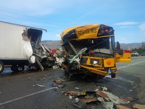 Wreckage after a school bus crashed into a truck is seen near Orondo, Washington in this Washington State Patrol handout photo released to Reuters on March 5, 2015. (REUTERS/Trooper Darren Wright/Washington State Patrol/Handout via Reuters)