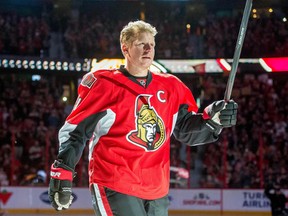 Ottawa Senators former player Daniel Alfredsson (11) takes part in a pre-game ceremony prior to game against the New York Islanders at Canadian Tire Centre. Mandatory Credit: Marc DesRosiers-USA TODAY Sports