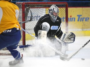 Sudbury Wolves netminder Troy Timpano makes a save during practice at Sudbury Community Arena on Thursday afternoon. The Wolves host the Belleville Bulls on Friday night at Sudbury Community Arena at 7:35 p.m.