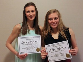 St. Lawrence Vikings teammates Lacey Knox, left, and Abby Heron were named OCAA women's basketball all-stars on Thursday. Knox, of Kingston, was named to the first team and Heron to the second team. (St. Lawrence College Athletics)