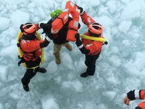 The crew of Coast Guard Cutter Neah Bay, home-ported in Cleveland, rescued a 25-year-old man attempting to walk across Lake St. Clair, Thursday. The crew is transporting the man, a U.S. citizen who was hypothermic, back to shore in Algonac, Mich., where they will be met by emergency medical services. (Lt. Josh Zike/U.S. Coast Guard)