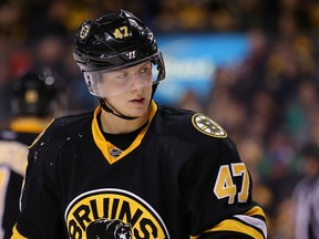 Torey Krug of the Boston Bruins looks on during the second period against the Montreal Canadiens at TD Garden on February 8, 2015. (Maddie Meyer/Getty Images/AFP)