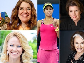 From top left; Clara Hughes, Susie Orman Schnall, Eugenie Bouchard, Lynn Crawford and Arlene Dickinson. (QMI AGENCY & REUTERS Photos)