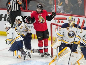 Mar 6, 2015; Ottawa, Ontario, CAN; Ottawa Senators center Mika Zibanejad (93) celebrates his goal against Buffalo Sabres goalie Anders Lindback (35) in the third period at the Canadian Tire Centre. The Senators defeated the Sabres 3-2. Mandatory Credit: Marc DesRosiers-USA TODAY Sports