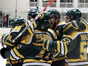 The Golden Bears celebrate their win over the Calgary Dinos Friday at the Clare Drake Arena at the University of Alberta. (Aaron Taylor, QMI Agency)