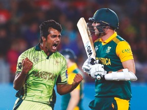 Pakistan’s Rahat Ali celebrates dismissing South Africa’s Kyle Abbott during their Cricket World Cup match. (REUTERS)