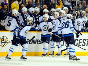 The Jets triumphed over the Predators in Nashville on Saturday. (CHRISTOPHER HANEWINCKEL/USA Today sports)