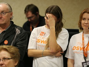 Supporters of Theresa Oswald react after Greg Selinger retained his New Democratic Party leadership during the annual general convention at Canad Inns Polo Park on Sun., March 8, 2015. (Kevin King/Winnipeg Sun/QMI Agency)