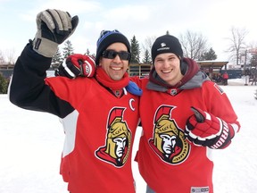 Big Sens fans Chris Crawford (left) and Billy Morrison (right) are excited by the team's recent streak since Andrew Hammond took over in net on Sunday, March 8, 2015 Ottawa. (Keaton Robbins/Ottawa Sun)