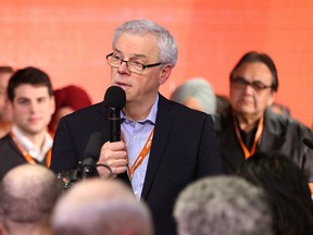 Greg Selinger speaks from the podium after retaining leadership of the New Democratic Party during the annual general convention at Canad Inns Polo Park on Sun., March 8, 2015. Kevin King/Winnipeg Sun/QMI Agency