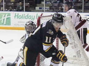 Sarnia Sting forward Hayden Hodgson corrals a bouncing puck near Guelph Storm goalie Justin Nichols' crease during the Ontario Hockey League game in Sarnia on Sunday afternoon. The Sting defeated the Storm 5-2. (TERRY BRIDGE, The Observer)