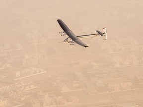 A view of the Solar Impulse 2 in flight after taking off from Al Bateen Airport in United Arab Emirates, in this handout picture provided to Reuters, courtesy of Jean Revillard, on March 9, 2015. (REUTERS/Jean Revillard/Handout via Reuters)
