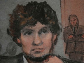 A courtroom sketch shows accused Boston Marathon bomber Dzhokhar Tsarnaev in court on the second day of his trial at the federal courthouse in Boston, Massachusetts March 5, 2015. (REUTERS/Jane Flavell Collins)
