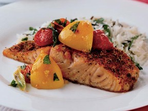 Roast Salmon with Savoury Peach & Basil Sauce. (Handout: California Cling Peaches)