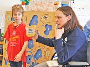 Chance Kellington (left) and fellow Grade 2 students at Upper Thames Elementary School learned about river and stream safety last Friday, March 6. Maranda Mackean from the Upper Thames River Conservation Authority (UTRCA) led a puzzle activity. KRISTINE JEAN/MITCHELL ADVOCATE