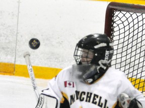 Brennan VanderKuylen of the Atom LL team makes a save during recent WOAA action. ANDY BADER/MITCHELL ADVOCATE