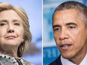 This combination of file photos shows Former US Secretary of State Hillary Clinton(L) and U.S. President Barack Obama.  AFP PHOTO / FILES /