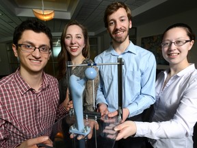 Members of a Western University team that invented a sensor that can detect implant loosening following hip replacement surgery. From left Mofeed Sawan, Jolien van Gaalen, Peter Nielsen, and Hilary Luo. Photo taken on Monday March 9, 2015. (MORRIS LAMONT, The London Free Press)