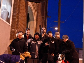 Musicians and members of Hi Speed Hounds gather in front of Siloam Mission. The dog rescue and homeless shelter will benefit from a '90s Tribute Show at The Oak on April 4. Pictured are (from left)  Mike Smoljanovic, Clint Chaboyer, Daniel Legrand, Mikey Chabluk-Petrowski, Chris Miller from left to right.(Karen Cottrell/Handout)