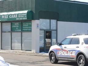 Halton police at the scene of Wee Care Educational Services daycare on Plains Rd. in Burlington after a boy who was found not breathing died. (Andrew Collins photo)