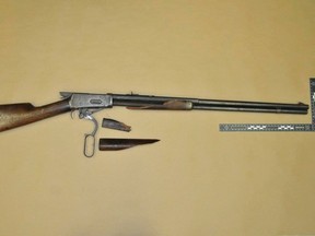 The gun used by Michael Zehaf-Bibeau last year in an attack on a soldier and the Canadian Parliament is seen in an undated picture released by the Royal Canadian Mounted Police (RCMP) March 6, 2015.REUTERS/RCMP/Handout via Reuters